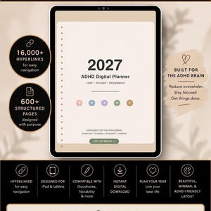 Könnte beinhalten: Digitaler ADHD-Planer für 2027, konzipiert für iPad und Tablets. Mit über 16.000 Hyperlinks, 600+ strukturierten Seiten und einem neurofreundlichen Design. Kompatibel mit Goodnotes und Notability, bietet er ein ablenkungsarmes Layout.