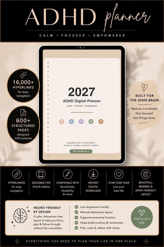 Digital ADHD Planner 2027 GoodNotes Hyperlinked Daily Productivity Planner iPad Notion Style