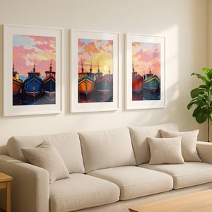 Fishing Boat Wall Art Set of 3 | Colorful Harbor Sunset | Post-Impressionist Nautical Digital Download