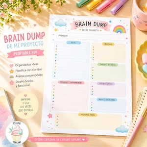 Puede incluir: Un bloc de notas de planificación de proyectos Brain Dump colorido con el texto "Brain Dump" y "De Mi Proyecto". El bloc de notas presenta secciones para ideas, objetivos, tareas y recursos, con un diseño de arcoíris y nubes. PDF imprimible.