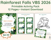 Rainforest Falls VBS 2026 Printable Activity Pack | 12 Pages | Bible Verse Cards Coloring Pages Certificate Name Tags | Instant Download
