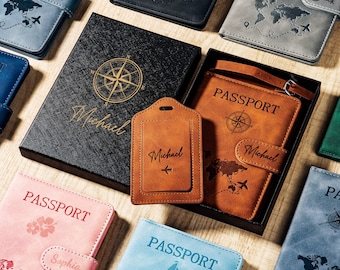 May include: A collection of personalized passport holders and luggage tags in various colors including blue, black, gray, pink, and tan. The items feature world map prints, compass designs, and names like Michael, Peter, Jack, and Sophia.
