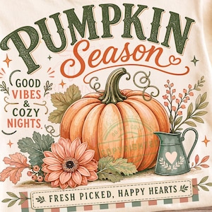 May include: A cream-colored t-shirt featuring a graphic with the text PUMPKIN SEASON, GOOD VIBES & COZY NIGHTS, and FRESH PICKED, HAPPY HEARTS. The design includes a large orange pumpkin, a pink flower, green leaves, and a small blue pitcher.