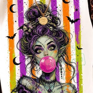 May include: A white t-shirt featuring a graphic of a green-skinned character with purple hair in a messy bun, blowing a pink bubble. The design includes orange, purple, and lime green vertical stripes, black bats, moons, and a pumpkin pendant.