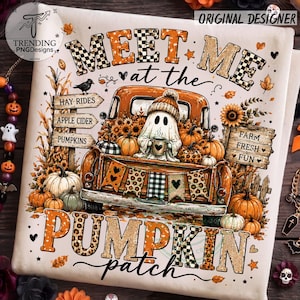 May include: A white fabric print featuring an orange truck carrying a ghost holding a mug, surrounded by pumpkins, sunflowers, and signs reading "MEET ME at the PUMPKIN patch", "HAY RIDES", "APPLE CIDER", "PUMPKINS", and "FARM FRESH FUN" with leopard and checkered patterns.