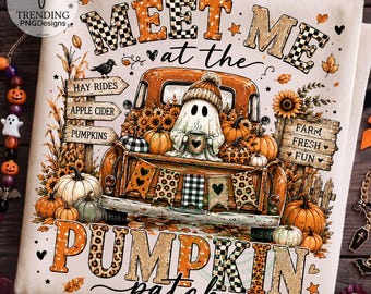 May include: A white fabric print featuring an orange truck carrying a ghost holding a mug, surrounded by pumpkins, sunflowers, and signs reading "MEET ME at the PUMPKIN patch", "HAY RIDES", "APPLE CIDER", "PUMPKINS", and "FARM FRESH FUN" with leopard and checkered patterns.