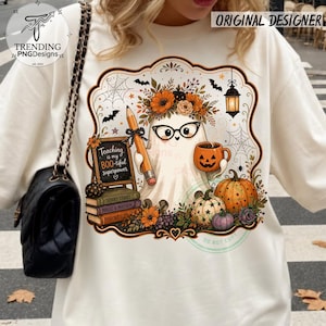 Läskig blommig lärare med penna och rosett, spöke med Halloween-png, höstlärare med Halloween-tröja, lärare med Halloween-spöke, pumpa-png bild 4