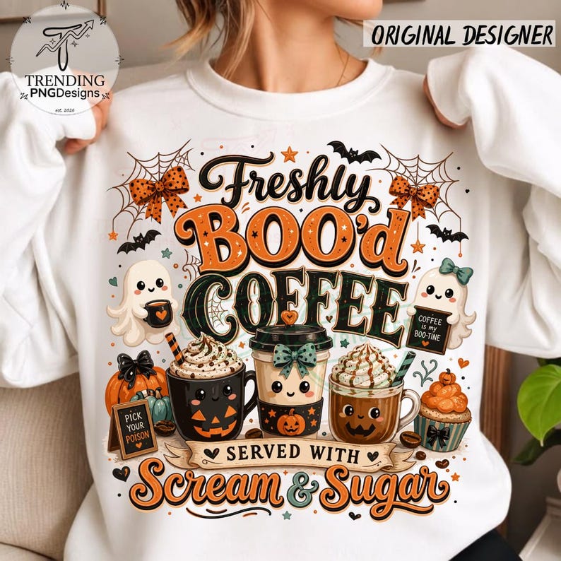 Freshly Boo’d Coffee Halloween PNG, Halloween Coffee Shirt, Ghost Latte Sublimation Trendy Caffeine lover Retro Checkered Spooky Humor image 3
