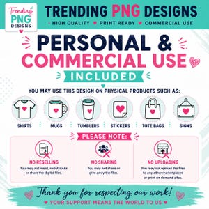 Op de afbeelding: Een digitaal grafisch ontwerp informatieblad met de tekst Trending PNG Designs, Personal & Commercial Use Included, en een lijst met fysieke producten zoals shirts, mokken, bekers, stickers, tassen en borden met gebruiksregels.