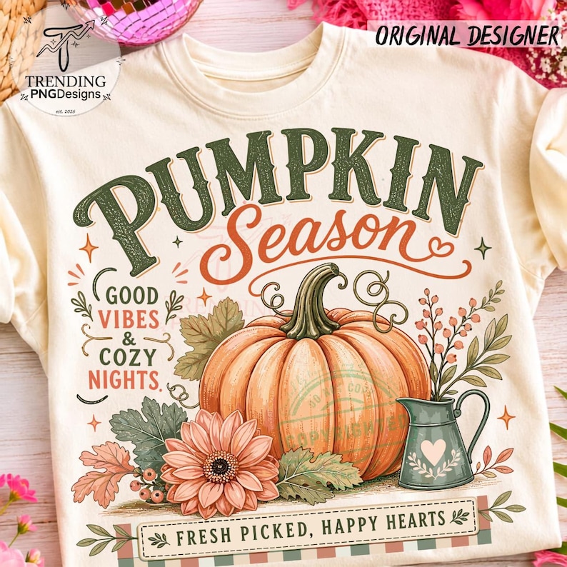 May include: A cream-colored t-shirt featuring a graphic with the text PUMPKIN SEASON, GOOD VIBES & COZY NIGHTS, and FRESH PICKED, HAPPY HEARTS. The design includes a large orange pumpkin, a pink flower, green leaves, and a small blue pitcher.