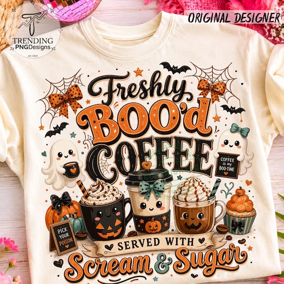 Freshly Boo’d Coffee Halloween PNG, Halloween Coffee Shirt, Ghost Latte Sublimation Trendy Caffeine lover Retro Checkered Spooky Humor