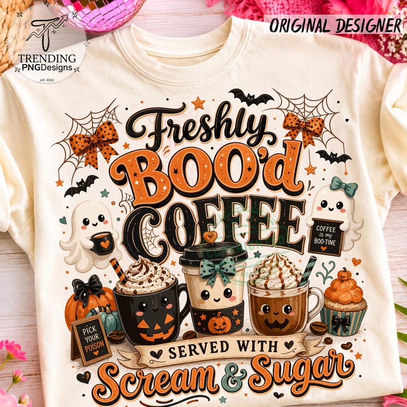 Freshly Boo’d Coffee Halloween PNG, Halloween Coffee Shirt, Ghost Latte Sublimation Trendy Caffeine lover Retro Checkered Spooky Humor image 1
