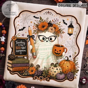 Läskig blommig lärare med penna och rosett, spöke med Halloween-png, höstlärare med Halloween-tröja, lärare med Halloween-spöke, pumpa-png bild 1