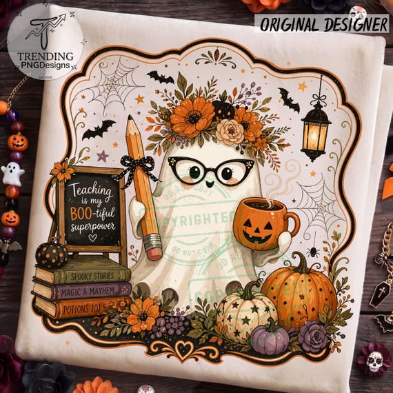 Spooky Floral Teacher Pencil Bow Ghost Halloween Png, Fall Teacher Halloween Shirt Design Png, Halloween Ghost Teacher Png,Pumpkin Png