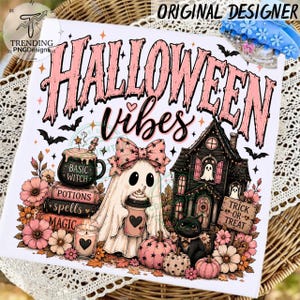 May include: A white graphic print featuring the text Halloween Vibes in pink. The design includes a ghost with a pink bow holding a coffee cup, a black cat, a haunted house, a stack of books labeled Basic Witch, Potions, Spells, Magic, and flowers.