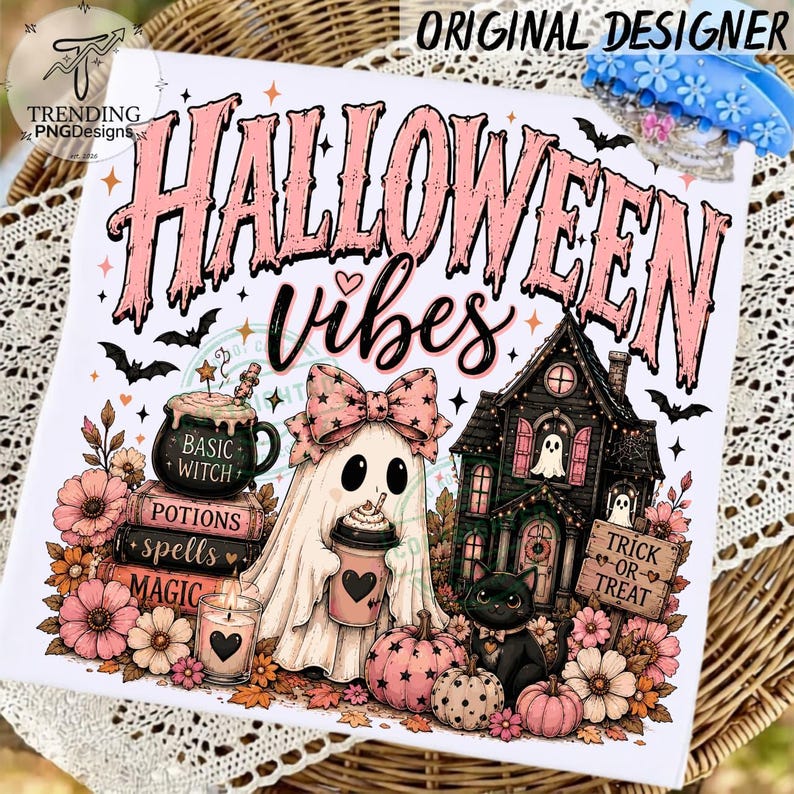May include: A white graphic print featuring the text Halloween Vibes in pink. The design includes a ghost with a pink bow holding a coffee cup, a black cat, a haunted house, a stack of books labeled Basic Witch, Potions, Spells, Magic, and flowers.