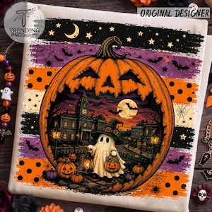May include: A white fabric square featuring a large orange jack-o'-lantern graphic. Inside the pumpkin is a scene of a haunted house, a ghost wearing a witch hat holding a lantern, and a full moon. The background has horizontal stripes of purple, orange, and black with polka dots, stars, and spiderwebs.