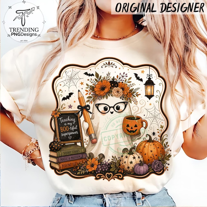 Läskig blommig lärare med penna och rosett, spöke med Halloween-png, höstlärare med Halloween-tröja, lärare med Halloween-spöke, pumpa-png bild 2