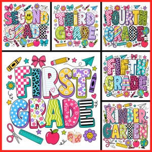 Könnte beinhalten: Sechs farbenfrohe Designs zum Thema Schule, die jeweils eine Klassenstufe zeigen: Second, Third, Fourth, Fifth, First und Kindergarten. Die Designs enthalten verschiedene Muster, Schulmaterialien und fröhliche Elemente wie Smileys und Äpfel.