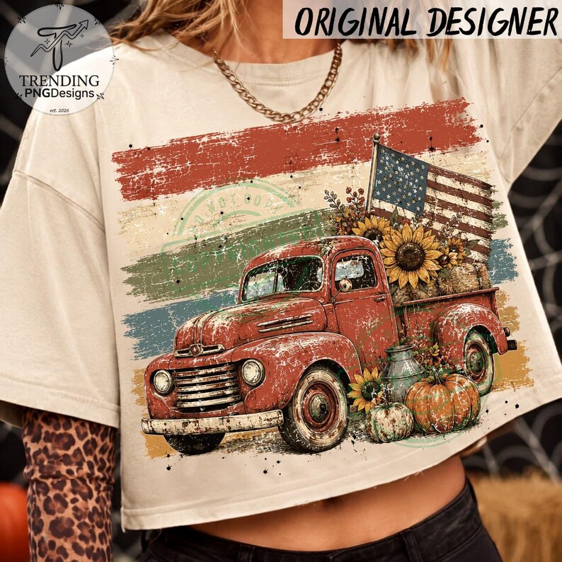 90s Striped Vintage USA Flag Fall PNG, Cozy Autumn Pumpkin Sublimation, Distressed Fall Png, Trendy Fall Shirt Design Farm Fresh Pumpkin Png Bild 2