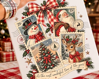 It's the most wonderful time of the year png, Santa Claus png, Vintage Christmas png, Christmas Coquette bow png, Reindeer snowman png
