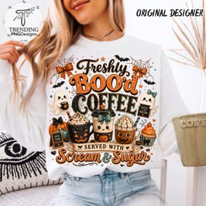 Freshly Boo’d Coffee Halloween PNG, Halloween Coffee Shirt, Ghost Latte Sublimation Trendy Caffeine lover Retro Checkered Spooky Humor image 4