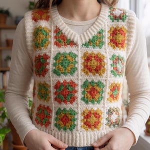 May include: A sleeveless V-neck sweater vest featuring a cream-coloured base with a grid of crocheted granny squares. The squares are patterned in shades of orange, yellow, and green. The garment has a ribbed neckline and a ribbed hem at the waist.