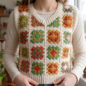 May include: Cream-colored crochet vest with a V-neck, featuring colorful square patterns in red, green, and yellow. The vest is worn over a long-sleeved cream-colored shirt. The crochet design is a patchwork style.