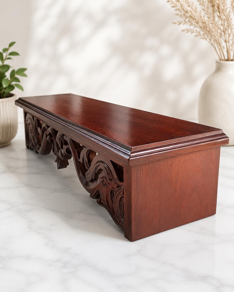 Vintage Style Wooden Wall Shelf | Handmade Carved Floating Shelf for Bedroom, Living Room image 7