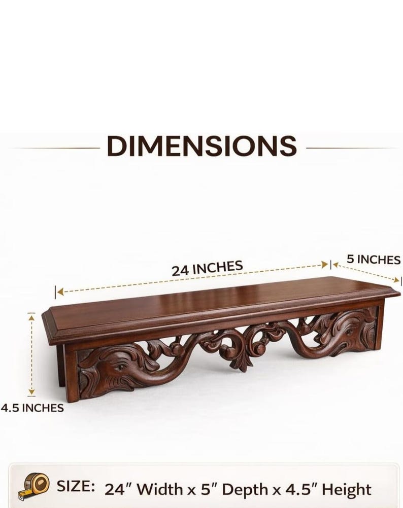 Vintage Style Wooden Wall Shelf | Handmade Carved Floating Shelf for Bedroom, Living Room image 3