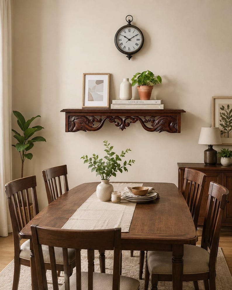 Vintage Style Wooden Wall Shelf | Handmade Carved Floating Shelf for Bedroom, Living Room image 4