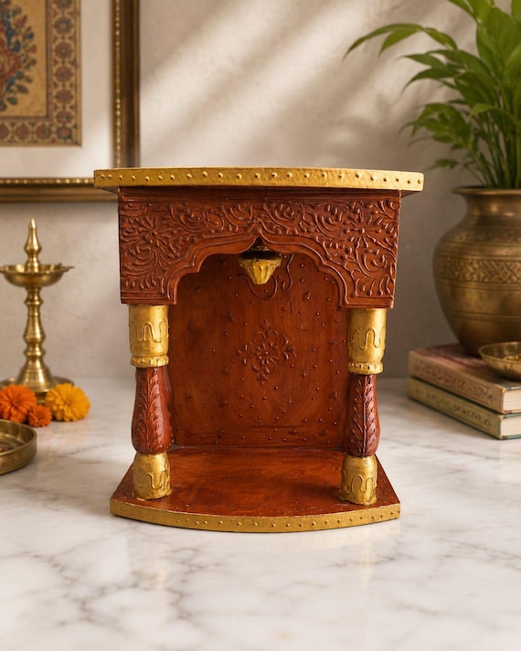 Hand Carved Wooden Mandir | Indian Temple Shelf, Pooja Decor, Brass Accents