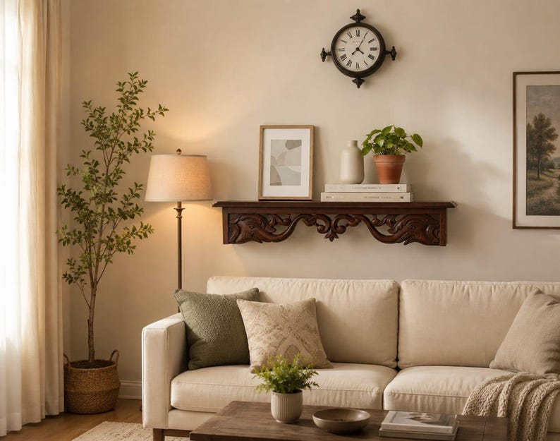 Vintage Style Wooden Wall Shelf | Handmade Carved Floating Shelf for Bedroom, Living Room image 5