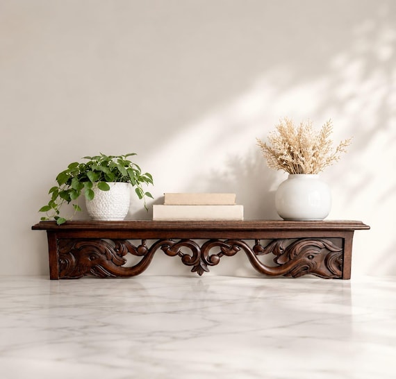 Vintage Style Wooden Wall Shelf | Handmade Carved Floating Shelf for Bedroom, Living Room