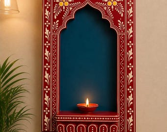 Hand Painted Wooden Wall Niche Shelf | Rajasthani Arch Decor