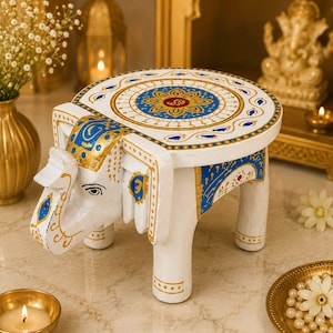 Handmålad elefantpall i trä, sidobord med Rajasthani-dekor, indisk hantverksdekor