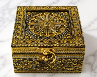 Vintage Style Floral Jewelry Box, Antique Brass Finish Keepsake Storage Chest