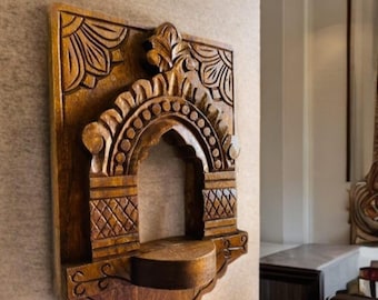 Vintage Wooden Wall Temple Shelf – Traditional Indian Carved Decor Piece