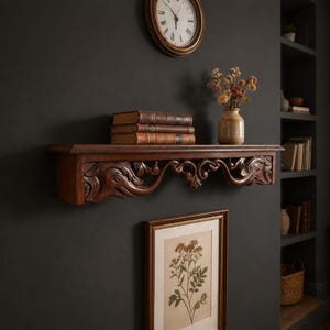 Vintage Style Wooden Wall Shelf | Handmade Carved Floating Shelf for Bedroom, Living Room image 2