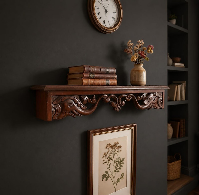 Vintage Style Wooden Wall Shelf | Handmade Carved Floating Shelf for Bedroom, Living Room image 2