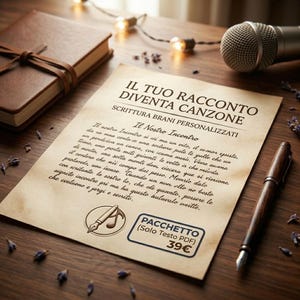 Könnte beinhalten: Ein Blatt Papier im Vintage-Stil mit italienischem Text, ein Stift und ein ledergebundenes Notizbuch auf einer Holzoberfläche. Das Papier zeigt ein Logo mit einem Stift und einer Musiknote sowie den Text "IL TUO RACCONTO DIVENTA CANZONE". Ein Mikrofon und Lichterketten sind ebenfalls zu sehen.