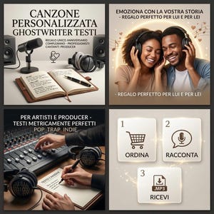 Può includere: Immagine promozionale in italiano per servizi di scrittura di canzoni personalizzate. L'immagine presenta un microfono, cuffie e un taccuino. Altri pannelli mostrano una coppia con le cuffie e una console di missaggio. I passaggi sono: Ordina, Racconta e Ricevi.