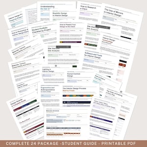 May include: A set of printable PDF guides for interior design students. The documents cover topics such as design phases, client research, and software tools. The text "COMPLETE 24 PACKAGE - STUDENT GUIDE - PRINTABLE PDF" is visible.