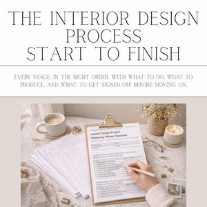 May include: An interior design guide with the title "The Interior Design Process Start to Finish." The image shows a clipboard with a checklist, a coffee cup, and decorative items, including a candle and glasses.