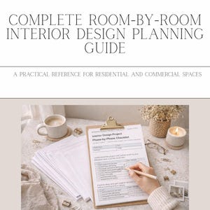 May include: An interior design guide with the text "DE'VALENCE DESIGNS" at the top. The guide includes a checklist, a cup of coffee, and a candle. It is a practical reference for residential and commercial spaces.
