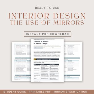 Puede incluir: Una guía para estudiantes en PDF imprimible sobre diseño de interiores, centrada en el uso de espejos. El documento presenta el título "The Use of Mirrors in Interior Design" e incluye una tabla con efectos de diseño. El fondo es de color beige claro.