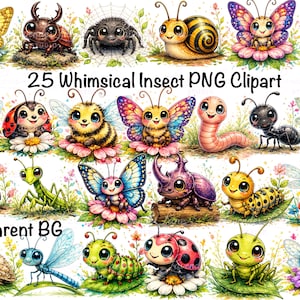 May include: A set of 25 whimsical insect PNG clipart images. The illustrations depict various insects such as butterflies, bees, and ladybirds, each with large eyes and friendly expressions. The text "25 Whimsical Insect PNG Clipart" and "Transparent BG" are visible.