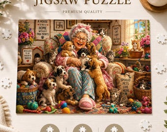 May include: A jigsaw puzzle featuring an illustration of an elderly person sitting in a floral armchair surrounded by numerous puppies and kittens. The scene includes signs with text like A HOUSE IS NOT A HOME WITHOUT PAW PRINTS and SPOILED PETS LIVE HERE.