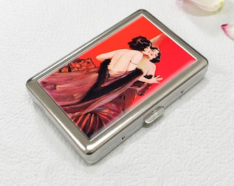 Estuche para cigarrillos con diseño de bailarina en el espejo, caja de almacenamiento de metal vintage.