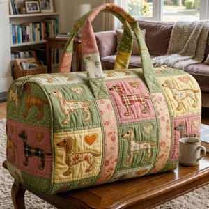 Borsa da viaggio trapuntata con motivo a bassotto patchwork: borsa da viaggio per cani, regalo per amanti dei cani